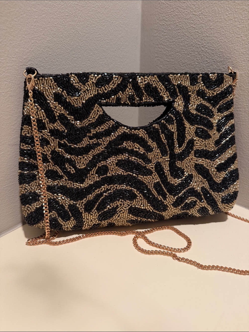 Rachel Zoe Black & Gold Beaded Zebra-Pattern Clutch with Detachable Chain